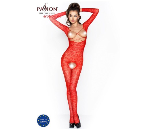 Бодістокінг Passion BS031 red, комбінезон з відкритими грудьми