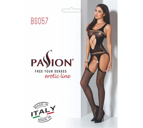 Бодістокінг Passion BS057 black, комбінезон, імітація панчох і пояса