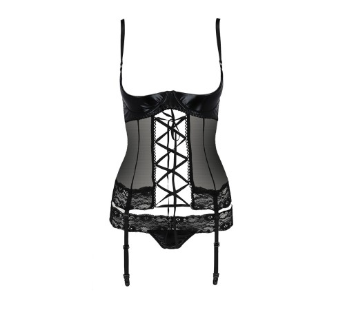 Корсет з відкритими грудьми Passion Exclusive NORTH CORSET XXL/XXXL, black, пажі, трусики, шнурівка