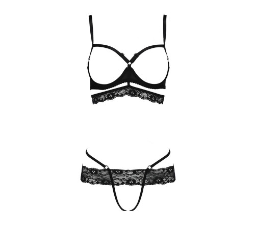 Комплект білизни Passion Exclusive SARIA SET OpenBra S/M, black, стрепи, відкритий ліф, стрінги