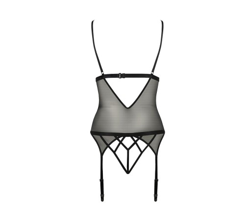 Корсет з відкритими грудьми Passion DIABOLINA CORSET S/M, black, пажі, трусики, напівпрозорий