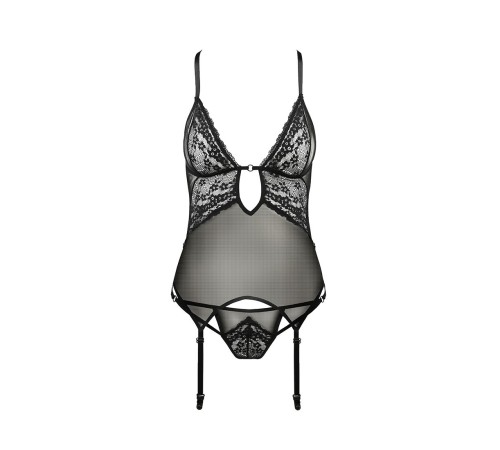 Корсет з декольте Passion ERZA CORSET L/XL, black, пажі, трусики, напівпрозорий