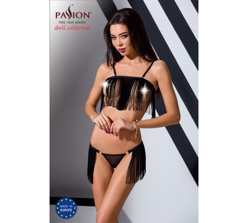 Комплект білизни Passion Exclusive KASSANDRA SET OpenBra S/M black, ліф з бахроми, трусики-спідниця