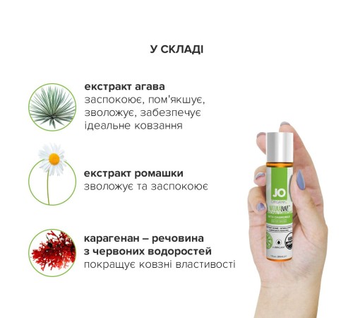 Змазка на водній основі JO NATURALOVE — ORGANIC (30 мл) з екстрактом листя агави та ромашки