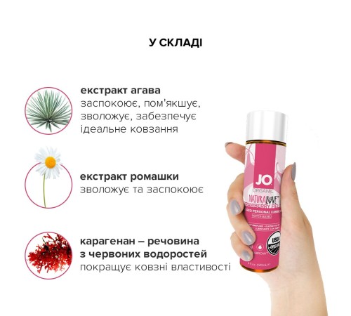 Змазка на водній основі JO NATURALOVE Strawberry (120 мл) з екстрактом ромашки та листя агави