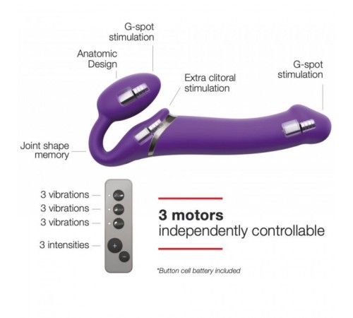 Безремінний страпон з вібрацією Strap-On-Me Vibrating Violet M, діаметр 3,3 см, пульт ДК, регульован