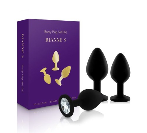 Набір силіконових анальних пробок із кристалом Rianne S: Booty Plug Set Black, діаметр 2,7см, 3,5см,