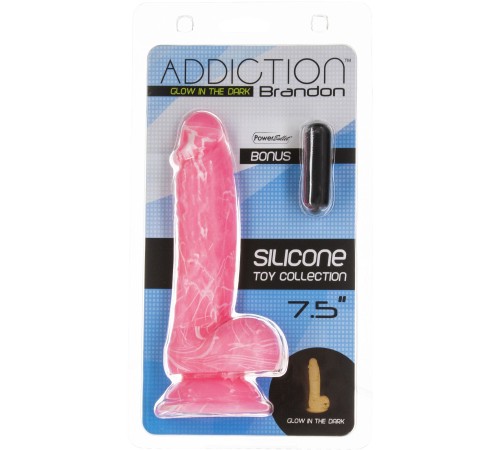 Фалоімітатор, що світиться у темряві, ADDICTION - BRANDON - 7.5 "- PINK G.I.D. / W PB, 19 см, силіко