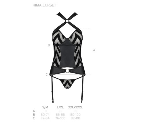 Сітчастий комплект з візерунком Passion HIMA CORSET L/XL black корсет з халтером, підв'язки, трусики