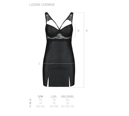 Бебі-дол з еко-шкіри та мережива Passion LOONA CHEMISE S/M, black