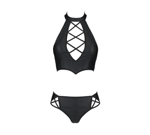 Комплект з еко-шкіри Passion NANACY BIKINI L/XL, black, бра та трусики з імітацією шнурівки