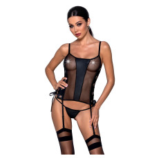 Сітчастий корсет з люверсами та знімними пажами Passion MALWIA CORSET L/XL black, екошкіра, стрінги