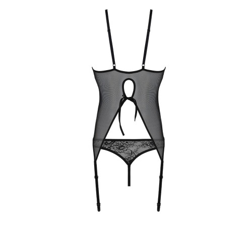 Корсет із пажами, трусики з ажурним декором та відкритим кроком Passion URSULA CORSET L/XL, black