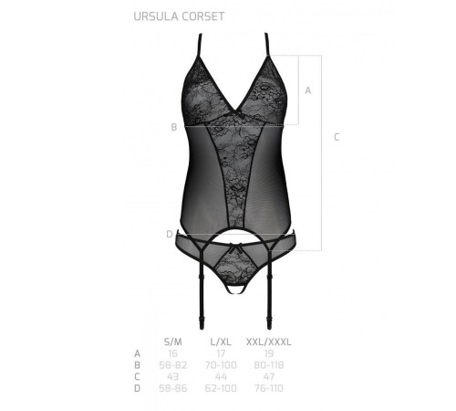 Корсет із пажами, трусики з ажурним декором та відкритим кроком Passion URSULA CORSET L/XL, black