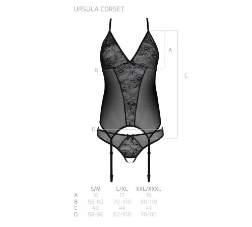 Корсет із пажами, трусики з ажурним декором та відкритим кроком Passion URSULA CORSET XXL/XXXL black