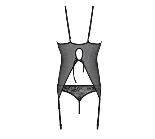 Корсет із пажами, трусики з ажурним декором та відкритим кроком Passion URSULA CORSET XXL/XXXL black