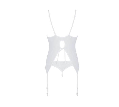 Корсет із пажами, трусики з ажурним декором та відкритим кроком Passion URSULA CORSET S/M, white