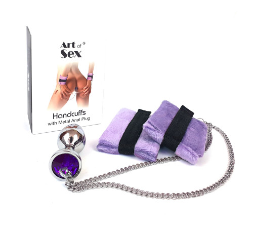 Наручники з металевою анальною пробкою Art of Sex Handcuffs with Metal Anal Plug size M Purple