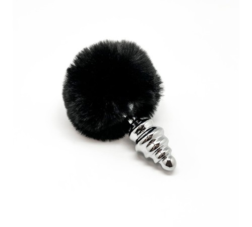 Металева анальна пробка Кролячий хвостик Alive Fluffy Twist Plug M Black, діаметр 3,4 см