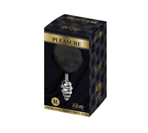 Металева анальна пробка Кролячий хвостик Alive Fluffy Twist Plug M Black, діаметр 3,4 см