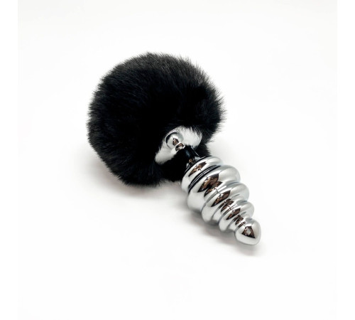 Металева анальна пробка Кролячий хвостик Alive Fluffy Twist Plug L Black, діаметр 3,8 см