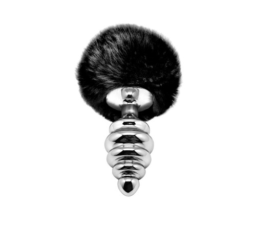 Металева анальна пробка Кролячий хвостик Alive Fluffy Twist Plug L Black, діаметр 3,8 см