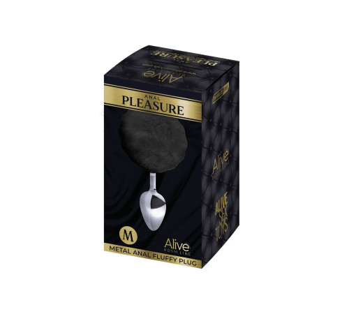 Металева анальна пробка Кролячий хвостик Alive Fluffy Plug M Black, діаметр 3,4 см