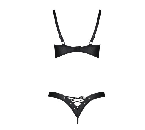 Комплект з екошкіри Passion CELINE BIKINI S/M black відкритий бра зі стрічками, стрінги зі шнурівкою