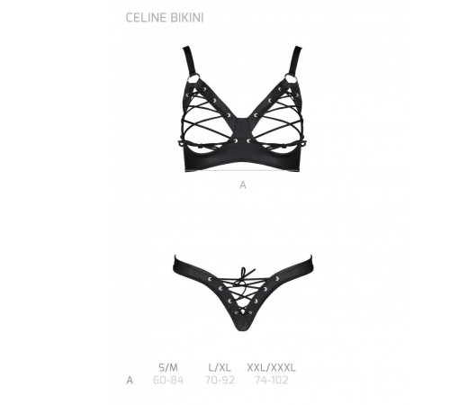 Комплект з екошкіри Passion CELINE BIKINI S/M black відкритий бра зі стрічками, стрінги зі шнурівкою