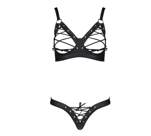 Комплект з екошкіри Passion CELINE BIKINI S/M black відкритий бра зі стрічками, стрінги зі шнурівкою