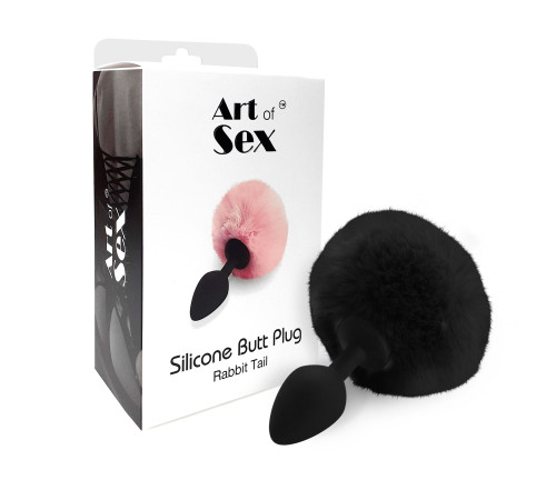 Силіконова анальна пробка М Art of Sex - Silicone Bunny Tails Butt plug Black, діаметр 3,5 см