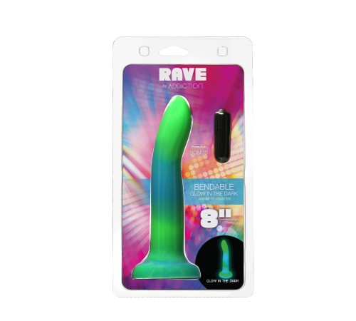 Фалоімітатор, що світиться в темряві, ADDICTION Rave 8″, Glow in the Dark Dildo Blue Green, 20,3 см