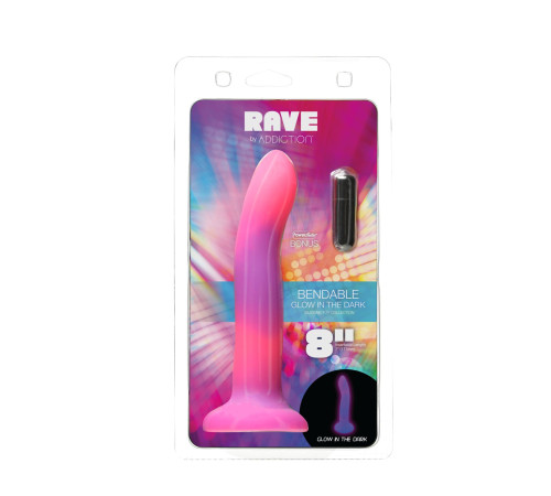 Фалоімітатор, що світиться в темряві, ADDICTION Rave 8″, Glow in the Dark Dildo Pink Purple, 20,3 см