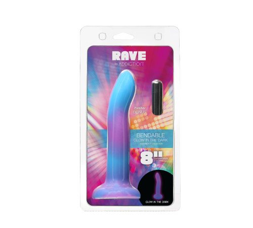 Фалоімітатор, що світиться в темряві, ADDICTION Rave 8″ Glow in the Dark Dildo Blue Purple, 20,3 см