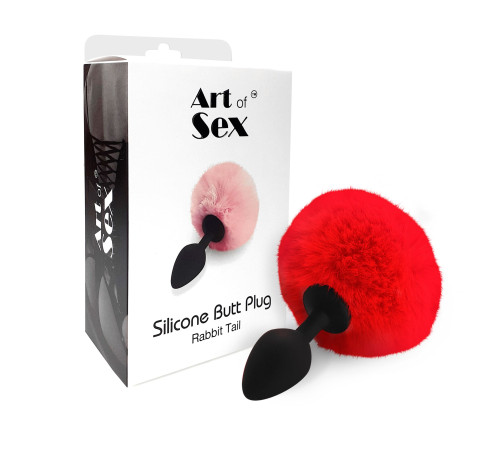 Силіконова анальна пробка М Art of Sex - Silicone Bunny Tails Butt plug Red, діаметр 3,5 см