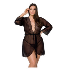 Пеньюар Passion AMBERLY PEIGNOIR 4XL/5XL, black, ажурні декольте та манжети, широкі рукави