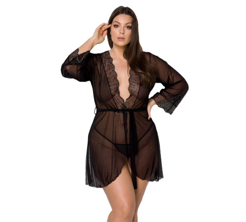 Пеньюар Passion AMBERLY PEIGNOIR 4XL/5XL, black, ажурні декольте та манжети, широкі рукави