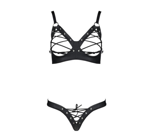 Комплект з екошкіри Passion CELINE BIKINI 4XL/5XL black, відкритий бра, стрінги зі шнурівкою