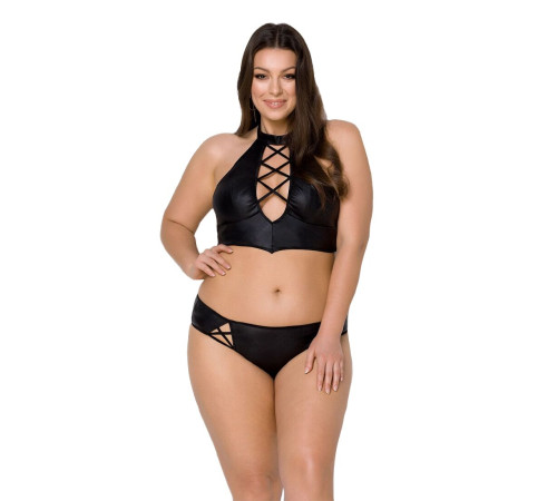 Комплект з екошкіри Passion NANACY BIKINI 4XL/5XL black, бра та трусики з імітацією шнурівки