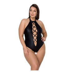 Боді з екошкіри Passion NANCY BODY 4XL/5XL black, з імітацією шнурівки та відкритим доступом