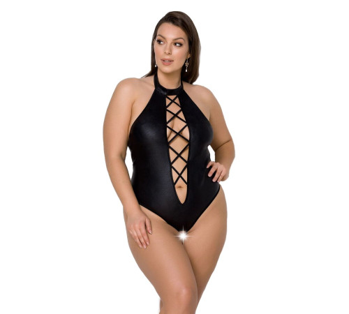 Боді з екошкіри Passion NANCY BODY 4XL/5XL black, з імітацією шнурівки та відкритим доступом