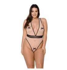 Боді Passion VIENA BODY 4XL/5XL, beige, контрастне, бантики, вставка-сітка, відкриті сідниці