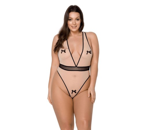 Боді Passion VIENA BODY 4XL/5XL, beige, контрастне, бантики, вставка-сітка, відкриті сідниці