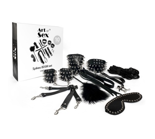 BDSM-набір Art of Sex – Spikes BDSM Set Leather, 10 предметів, чорний, натуральна шкіра