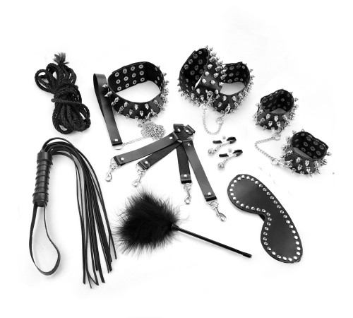 BDSM-набір Art of Sex – Spikes BDSM Set Leather, 10 предметів, чорний, натуральна шкіра