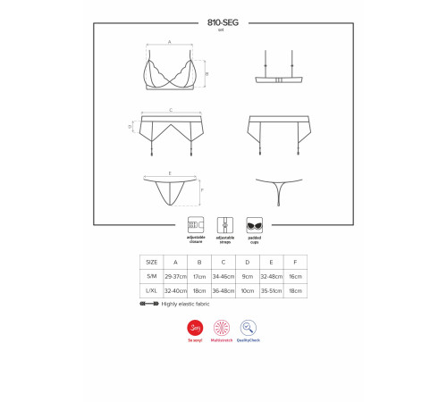 Мереживний комплект білизни Obsessive 810-SEG-1 L/XL Black, бюстгальтер, стрінги, пояс для панчіх
