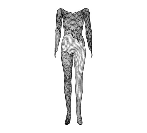 Бодістокінг Obsessive Bodystocking F210 S/M/L black, рукава-мітенки, сітка, кольорове мереживо