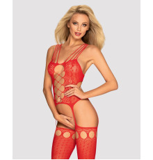 Бодістокінг Obsessive Bodystocking G313 S/M/L red, шнурівка, геометричний декор