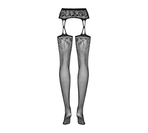 Панчохи-стокінги з рослинним малюнком Obsessive Garter stockings S206 black S/M/L чорні, імітація га