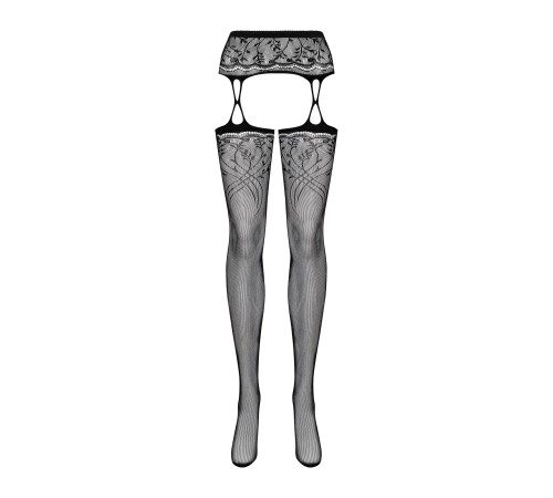 Панчохи-стокінги з рослинним малюнком Obsessive Garter stockings S206 black S/M/L чорні, імітація га